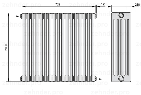 Схема (чертеж) Радиатор Zehnder Charleston 6200/17 №1670 Белый глянцевый RAL 9016